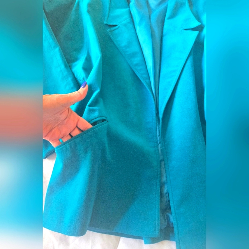 Aqua Blue Washable Faux Suede Skirt and Jacket Suit Set Size 12 - Picture 6 of 16